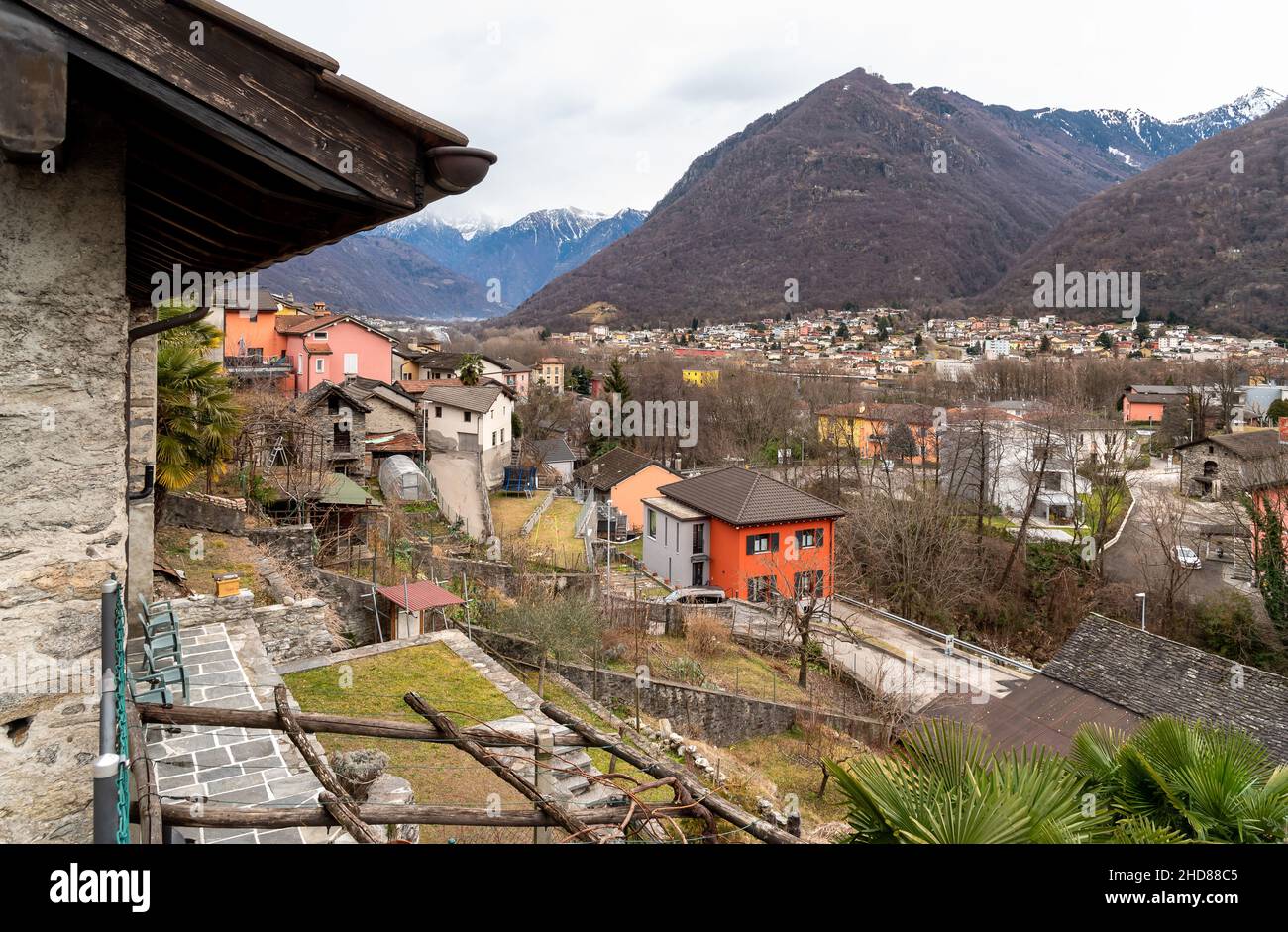 Top view of the small village Gorduno, district of Bellinzona, Canton of Ticino in Switzerland. Stock Photo