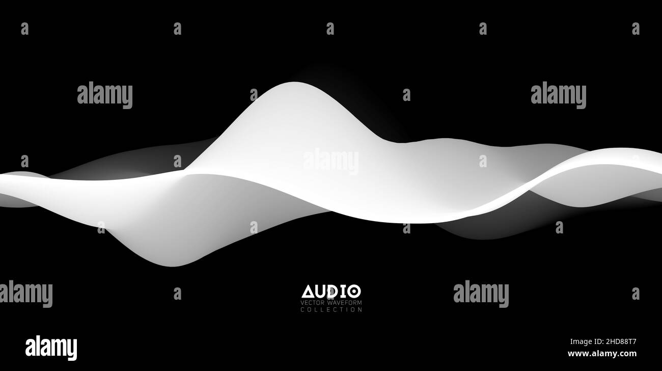 Sound wave visualiztion. 3D black and white solid waveform. Voice sample pattern. Stock Vector