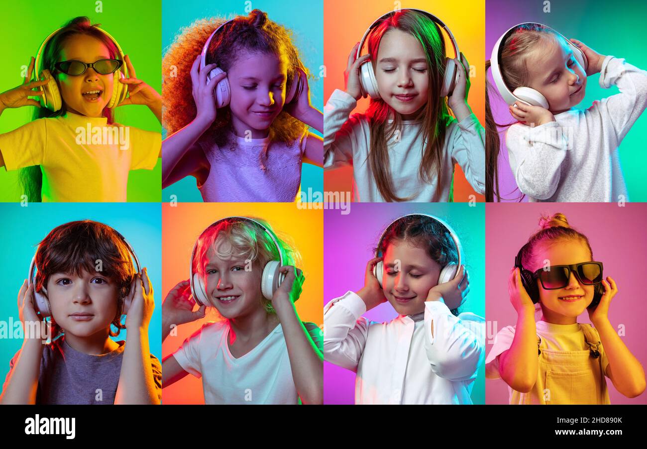 Set of portraits of little cute kids, boys and girls in headphones ...