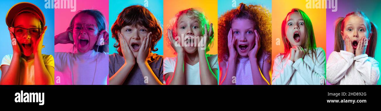 Set of portraits of emotional little cute kids, boys and girls isolated ...
