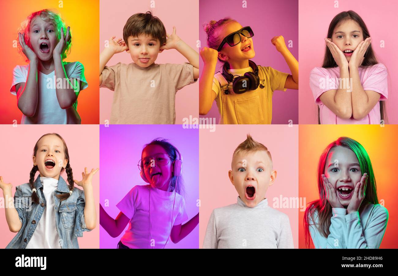 Collage of portraits of little cute kids, boys and girls isolated on ...