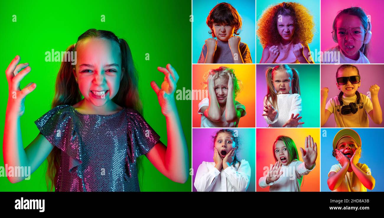 Set of portraits of emotional little cute kids, boys and girls isolated ...