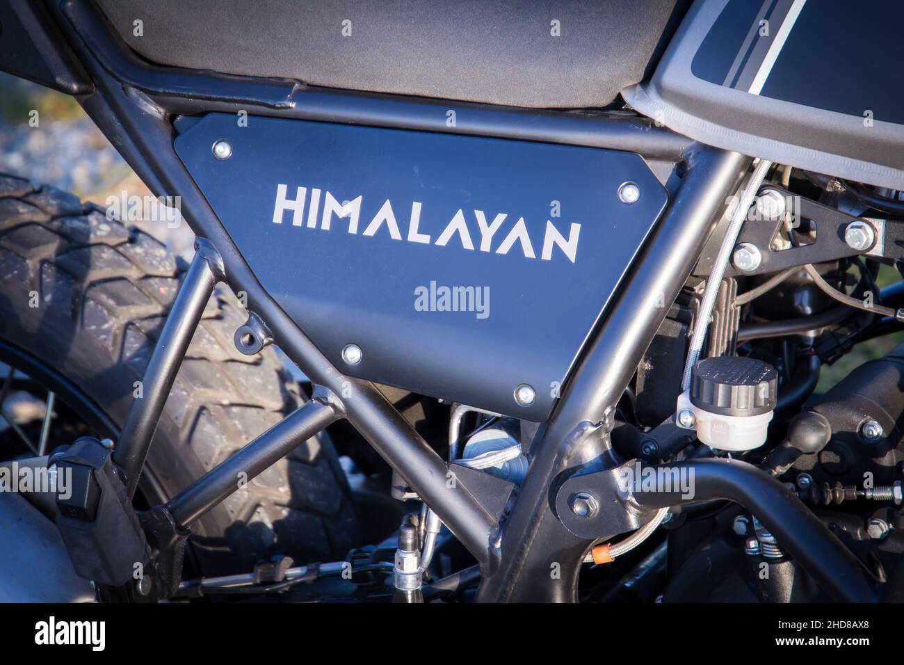 Closeup of Royal Enfield Himalayan motorcycle Stock Photo