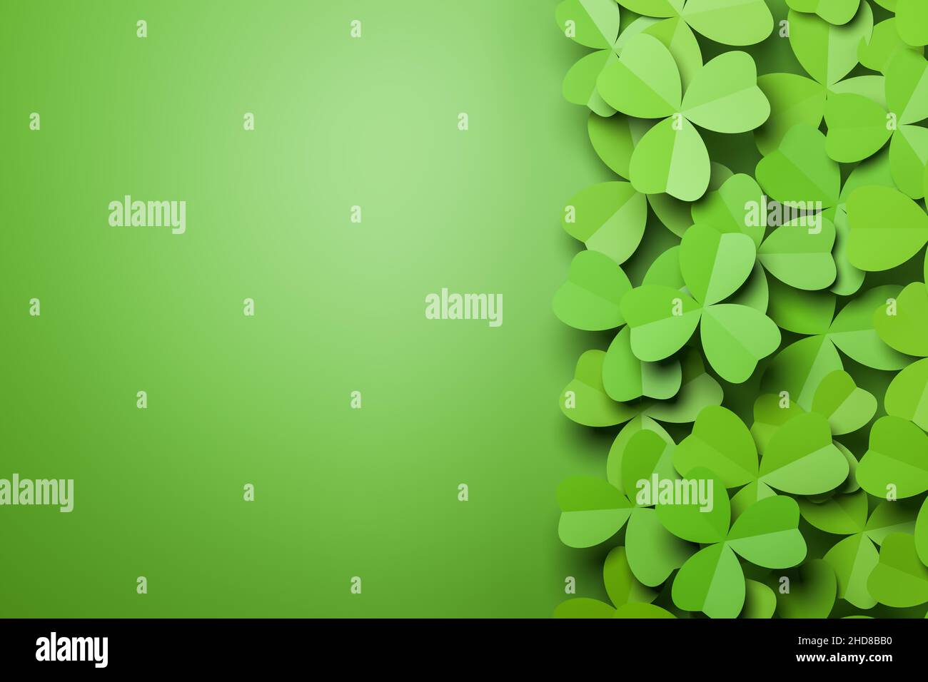 Cloverleaf background with an empty spot for own text to the left. Spring or St. Patrick's Day concept. Stock Photo