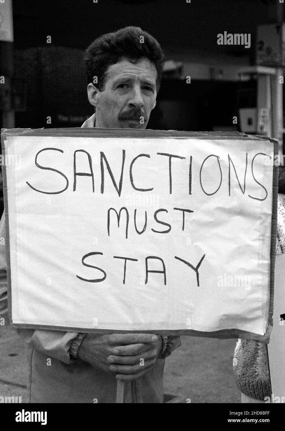 Anti-apartheid picket of a Shell garage asking motorists to boycott it due to their involvement in South Africa. Nottingham UK May 1990 Stock Photo