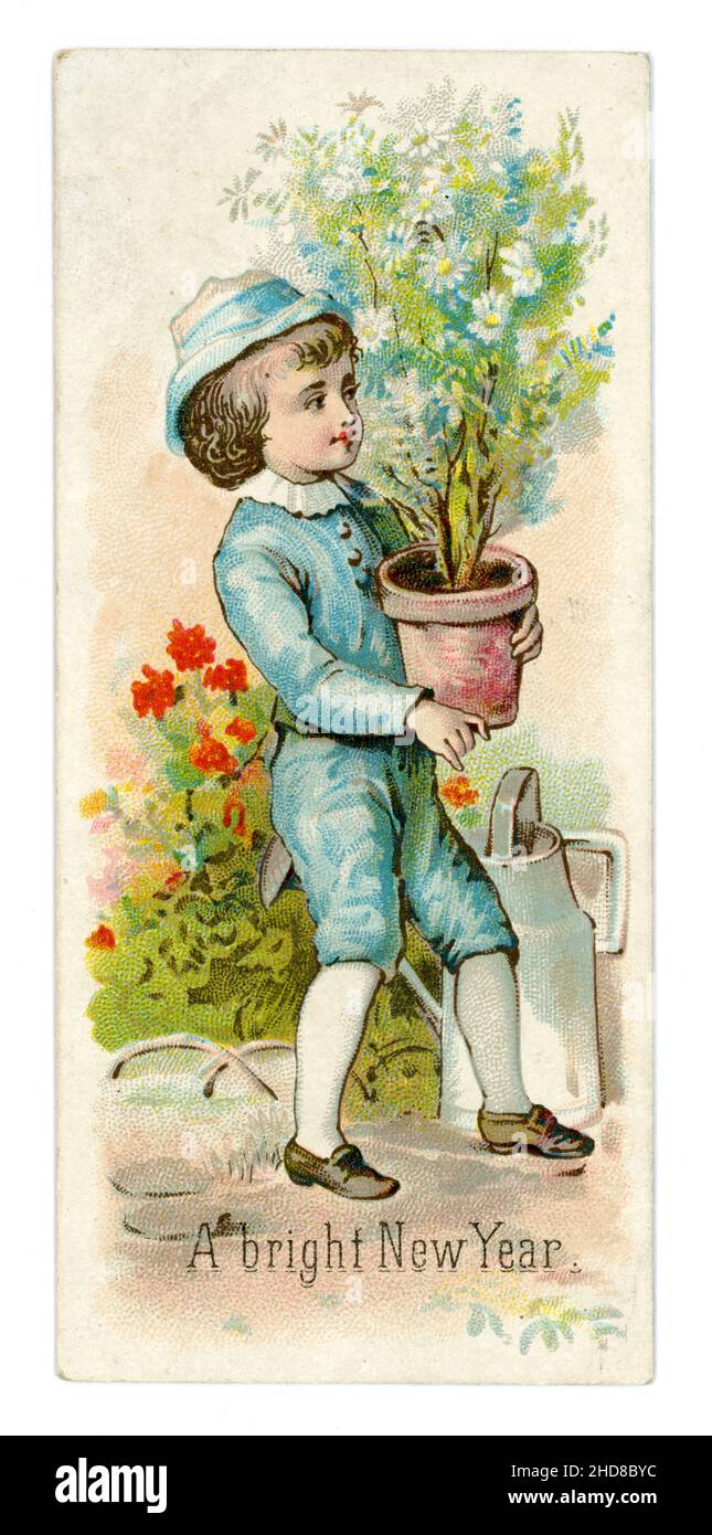 Original Victorian scrapbook seasonal New Year's greetings card cutting, sentimental image of a young boy in the garden holding a flower pot with spring plant in it, wearing blue  'Little Lord Fauntleroy' suit, breeches and cap, late 1890's, UK Stock Photo