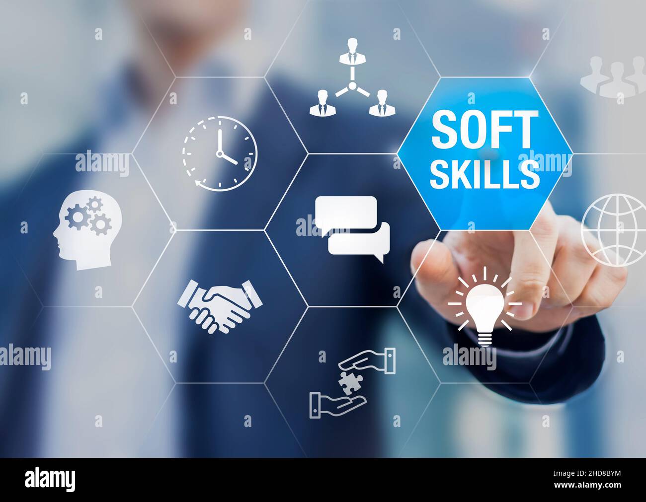 Soft skills and personal development for professionals and HR concept with teamwork, communication, leadership, emotional intelligence, time managemen Stock Photo