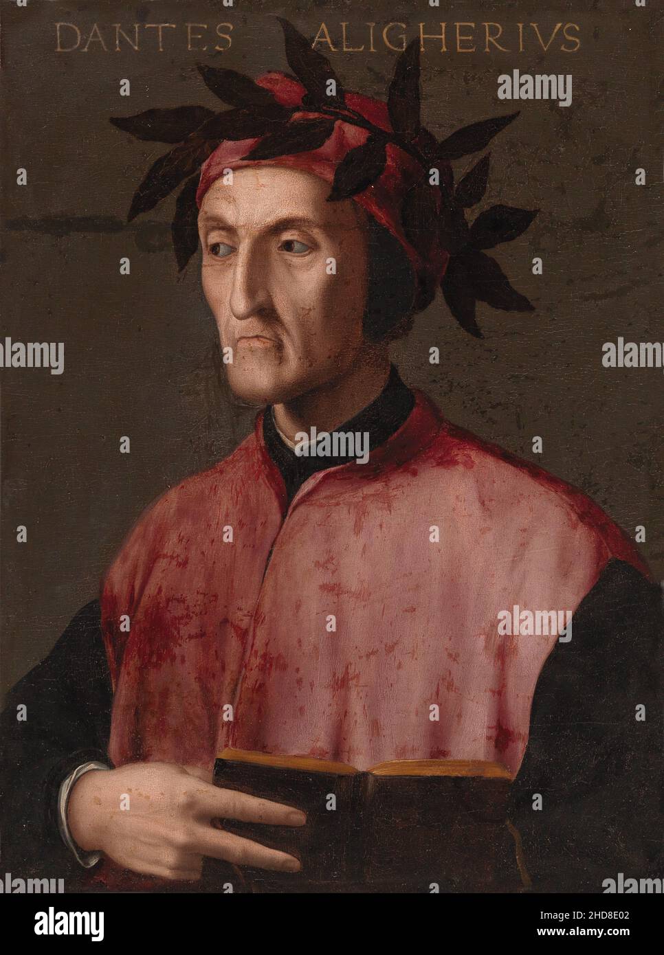Dante Alighieri Italian poet portrait on a dark red background as  recollection of his Divine Comedy Inferno.Content made with generative AI  not based on real person. ilustração do Stock