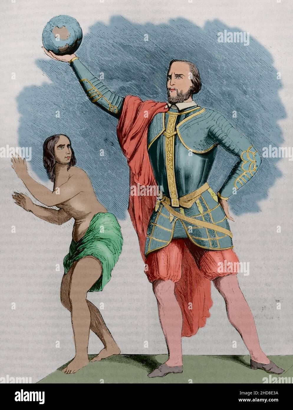 Christopher Columbus (1451-1506). Navigator, cartographer and admiral. He served the Crown of Castile. Discoverer of America in 1492. Allegorical engraving. Later colouration. Las Glorias Nacionales, 1853. Stock Photo