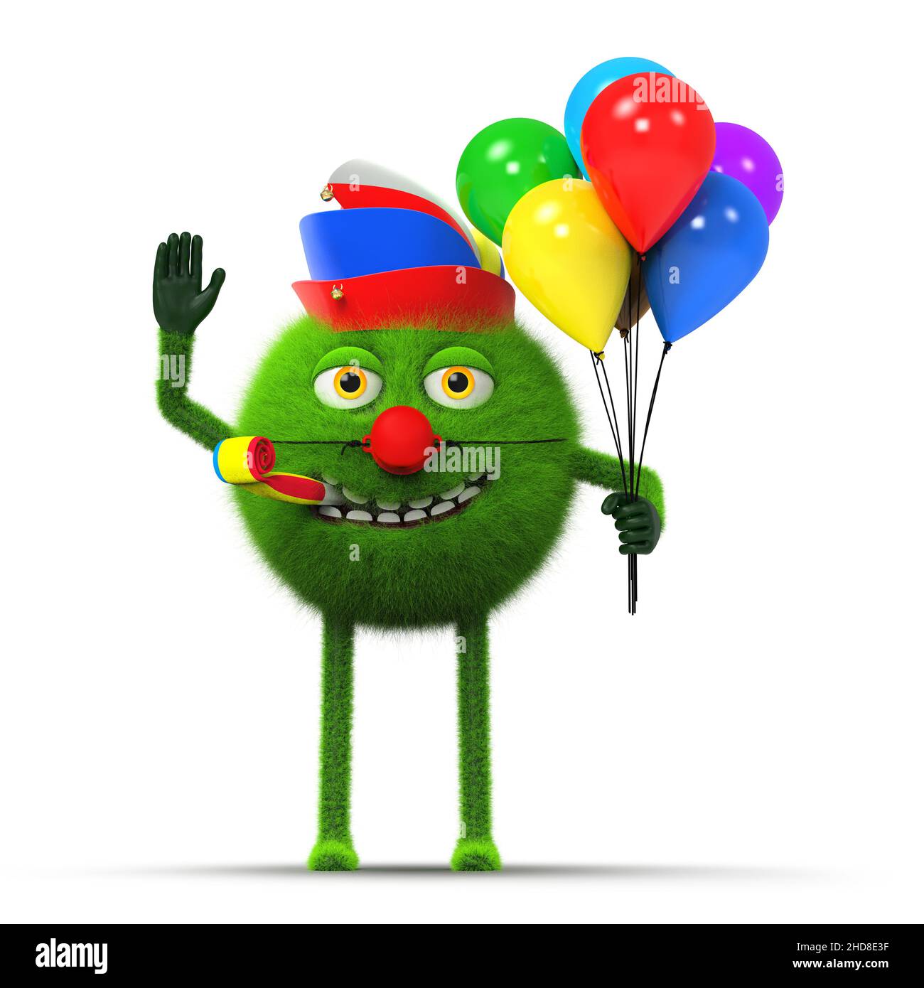Funny fluffy monster with colorful balloons, carnival cap and red nose as a clown, isolated on white background, 3D rendering Stock Photo