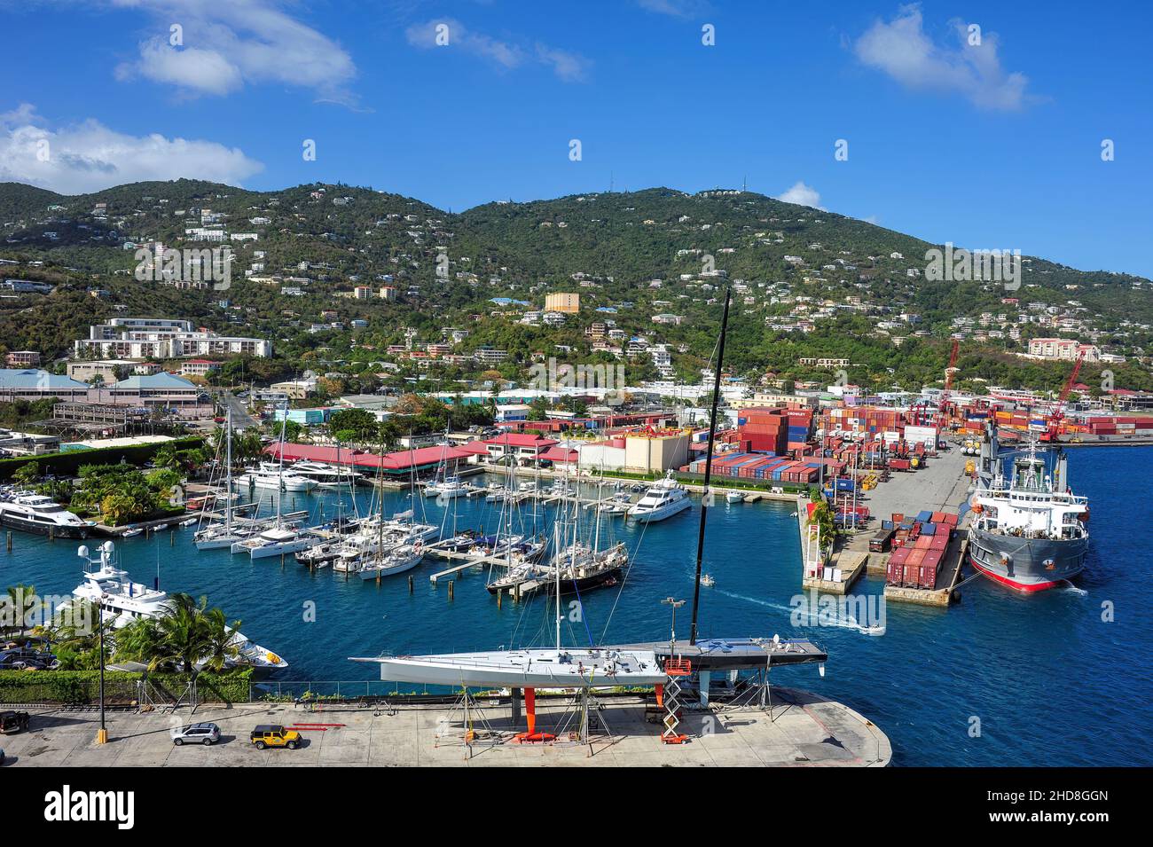 Aerial view of Marina and shipping dock near Crown Bay, St. Thomas, US Virgin Islands on a sunny day Stock Photo