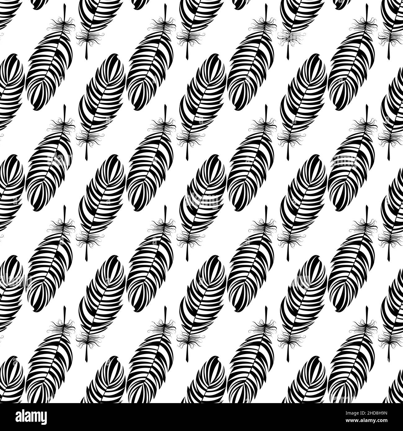 Seamless pattern with bird feathers. Black and white. Vector abstract background with bird feathers. Stock Vector