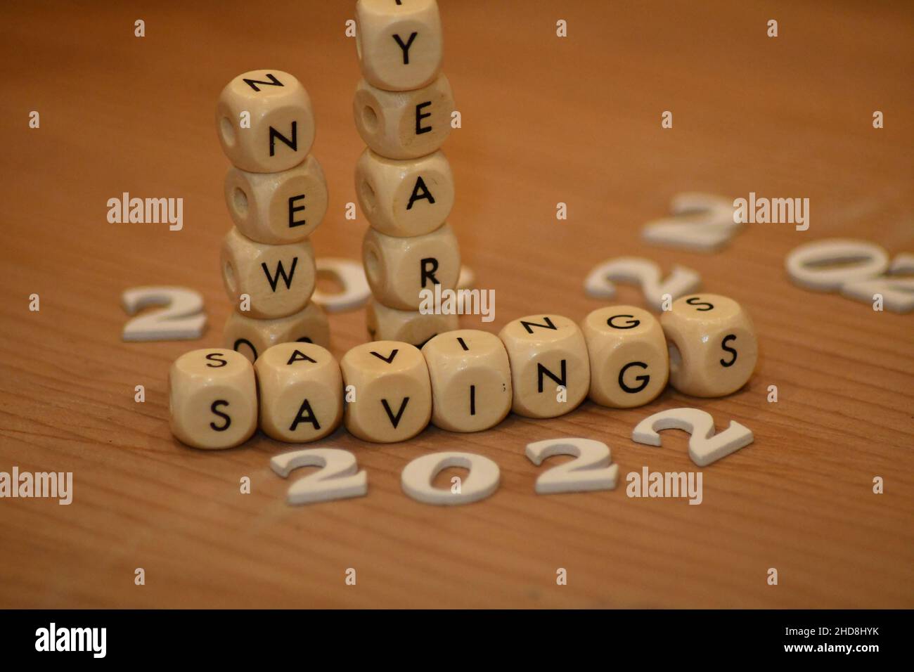 Lettered blocks spelling out New Year Savings 2022 Stock Photo