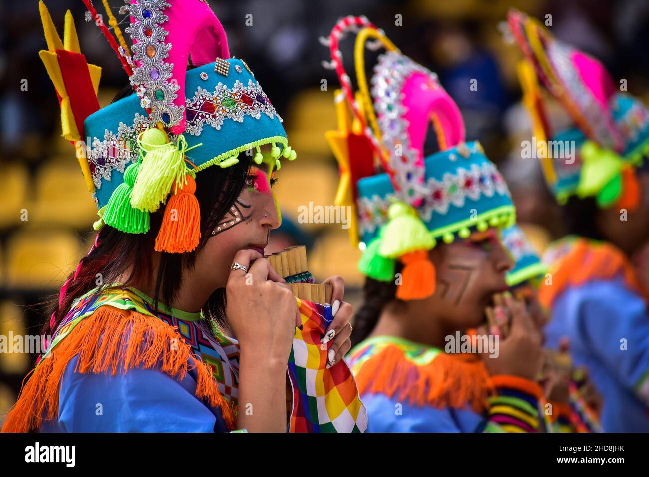 Cultural groups from pasto and other municipalities of Nariño perform traditional dances at the Carnival of Blancos Y Negros on January 3, 2022 in Pasto - Nariño, Colombia. This UNESCO-recognized carnival takes place every January in the Southern Andean city of Pasto. The "Carnaval de Negros y Blancos" has its origins in a mix of Amazonian, Andean and Pacific cultural expressions though art, dances, music and cultural parties. Stock Photo