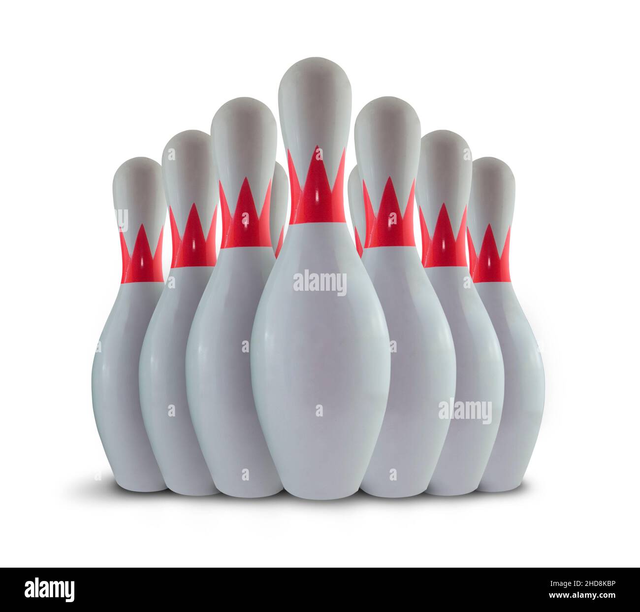 Ten bowling pins isolated on white background Stock Photo
