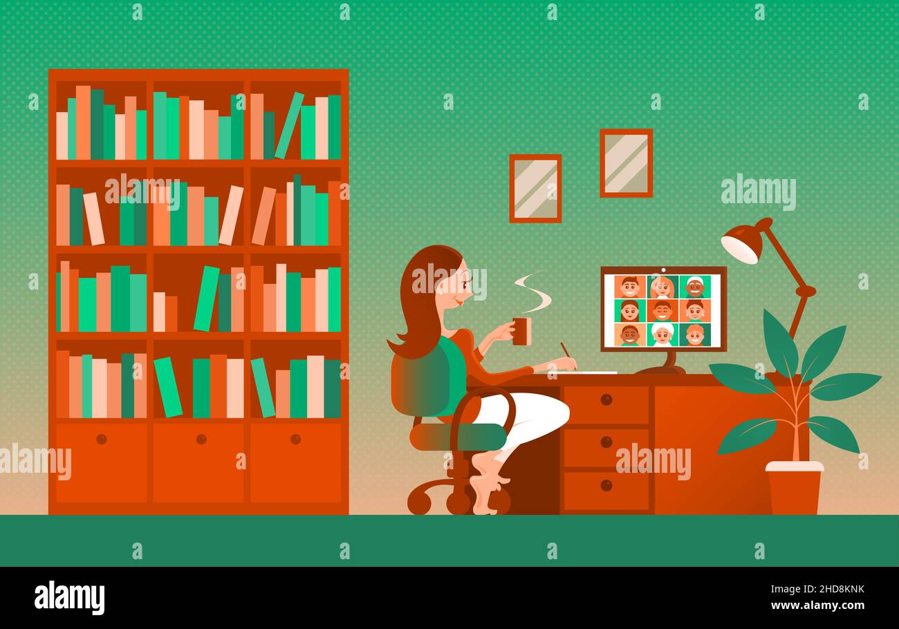 Young woman in the home room communicates by videoconference. Sits at the computer, drinks coffee, a smile on his face. Remote work or distance educat Stock Vector