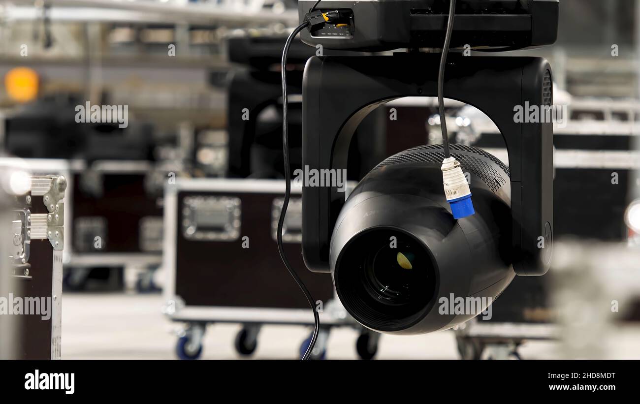 Close up of a spotlight, element of stage light, professional equipment concept. Turned off illuminating device during stage installation. Stock Photo