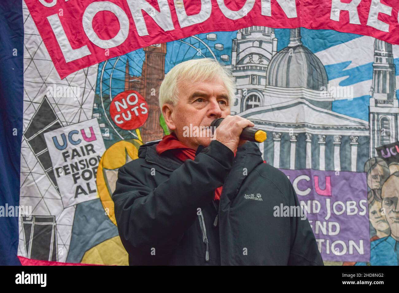 London, UK. 3rd December 2021. Labour MP John McDonnell speaking in Tavistock Square. University staff and members of the University and College Union (UCU) have taken strike action and marched through Central London in protest over gender, ethnic and disability pay inequality, work conditions, and falling pay. Stock Photo