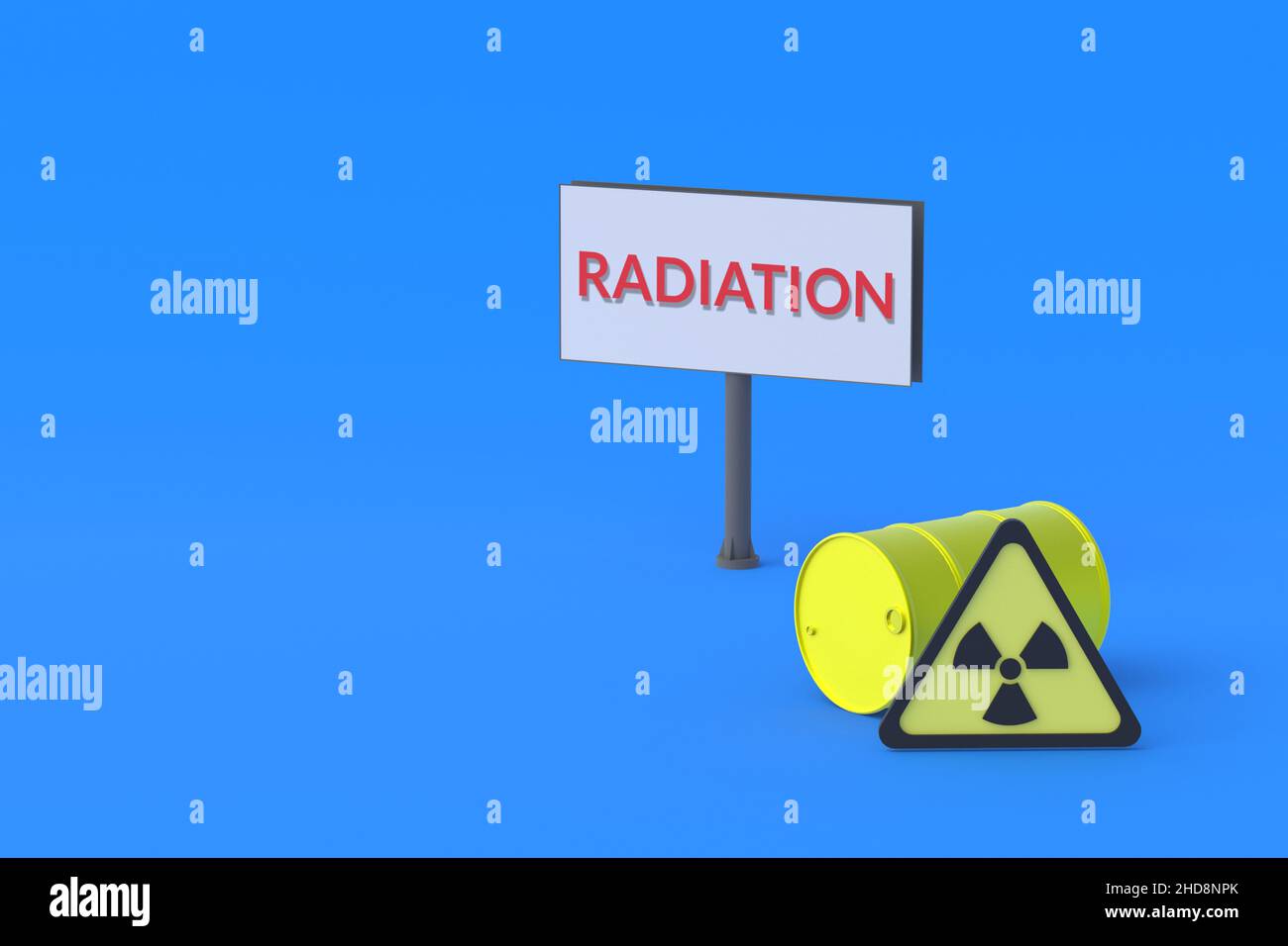 Billboard with inscription radiation near barrels and sign. Announcement of storage toxic elements. Disposal of hazardous waste. Radioactive release i Stock Photo