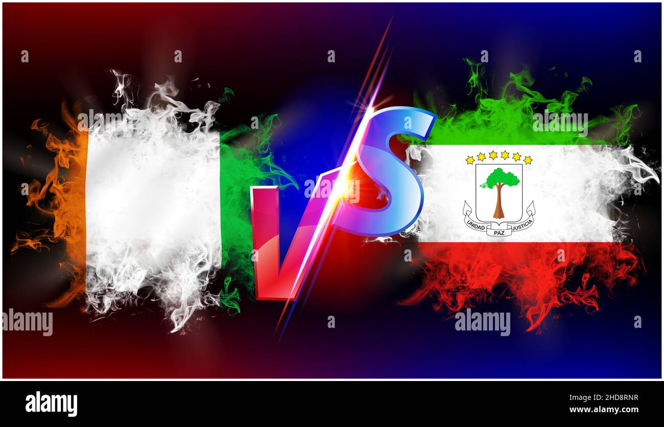 Ivory Coast and Equatorial Guinea ongoing trade war conflict. Flag of two countries opposite to each other with vs text and background black Stock Photo