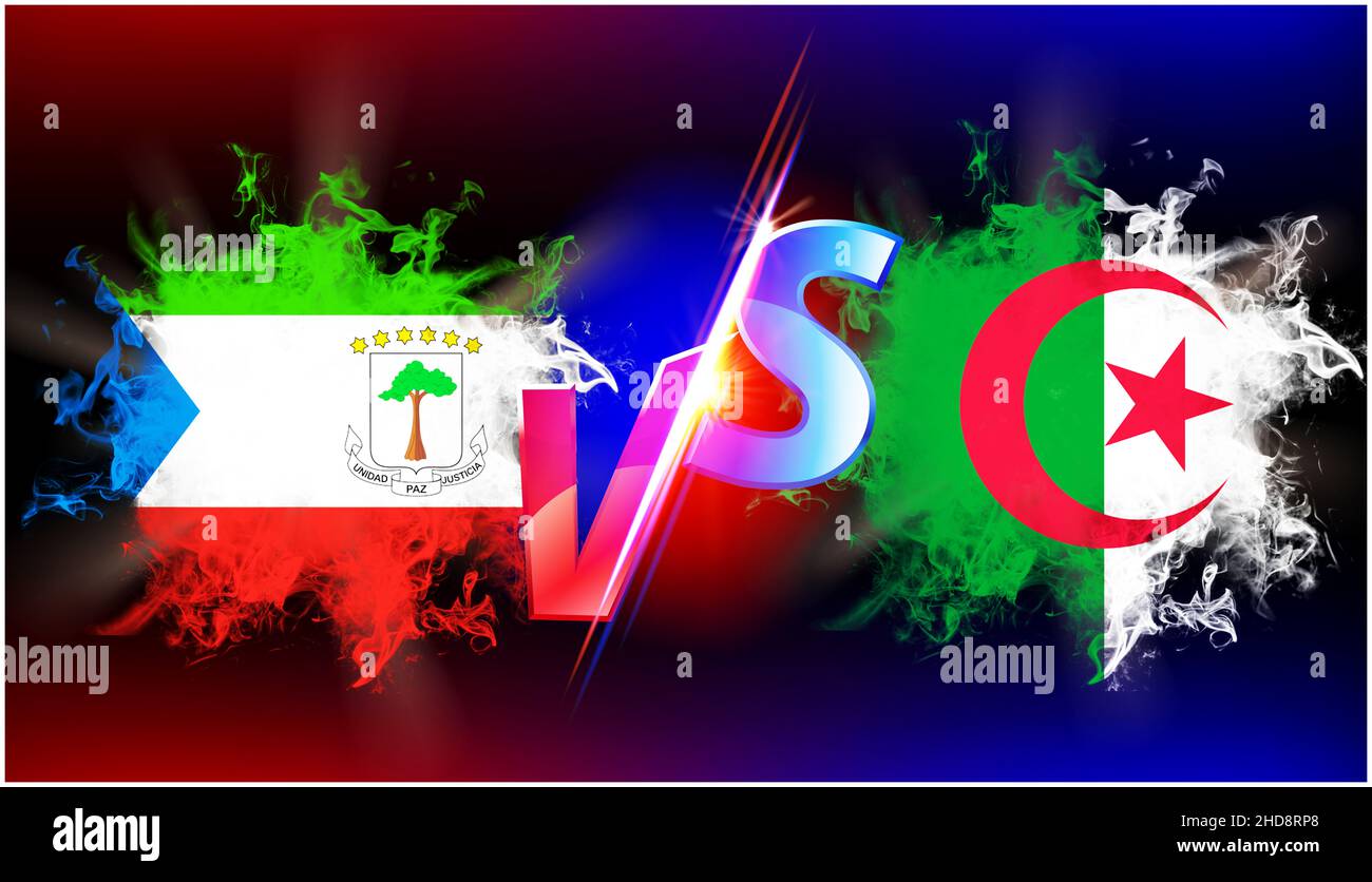 Algeria and Equatorial Guinea ongoing trade war conflict. Flag of two countries opposite to each other with vs text and background black Stock Photo