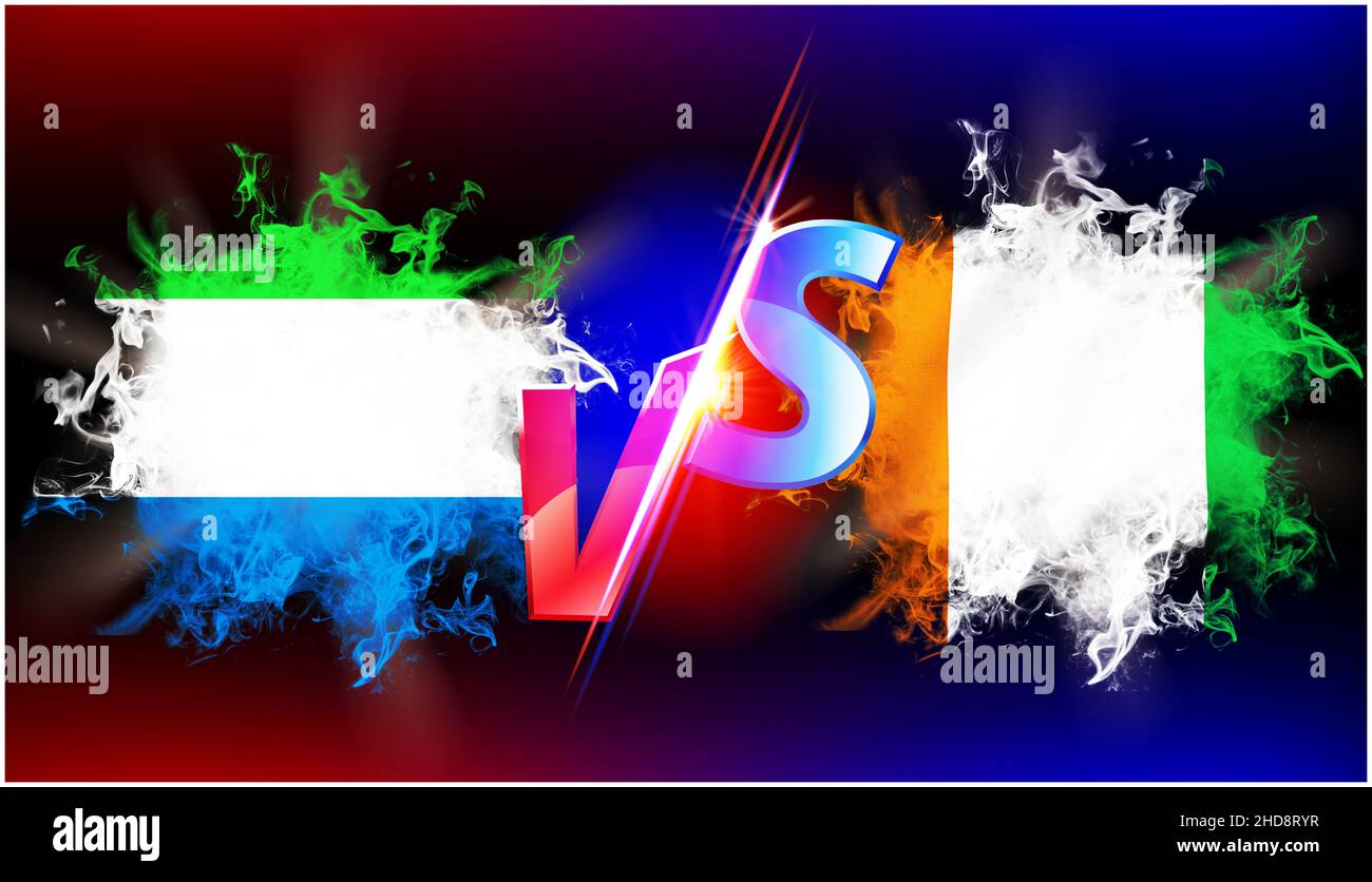 Côte d'Ivoire and Sierra Leone ongoing trade war conflict. Flag of two countries opposite to each other with vs text and background black Stock Photo