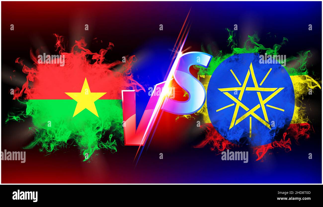 Ethiopia Burkina Faso ongoing trade war conflict. Flag of two countries opposite to each other with vs text and background black Stock Photo