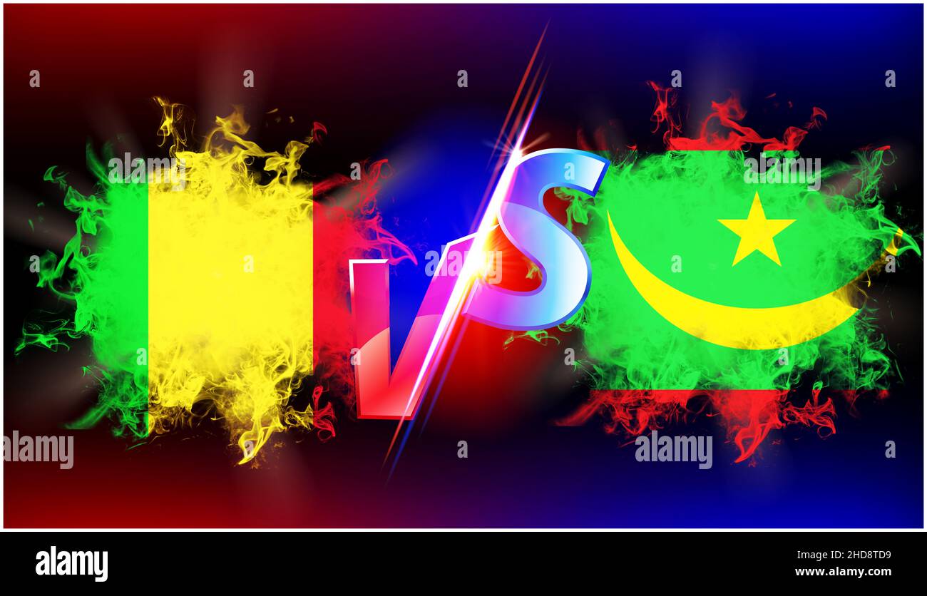 Mauritania and Mali ongoing trade war conflict. Flag of two countries opposite to each other with vs text and background black Stock Photo