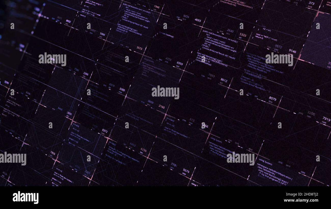 Blocks of abstract program code are being written and moved inside the virtual space. A modern computer code with running lines, work of artificial in Stock Photo