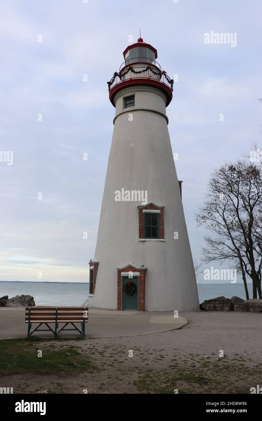 Port Clinton, Ohio cold evening looking up to lighthouse from ground