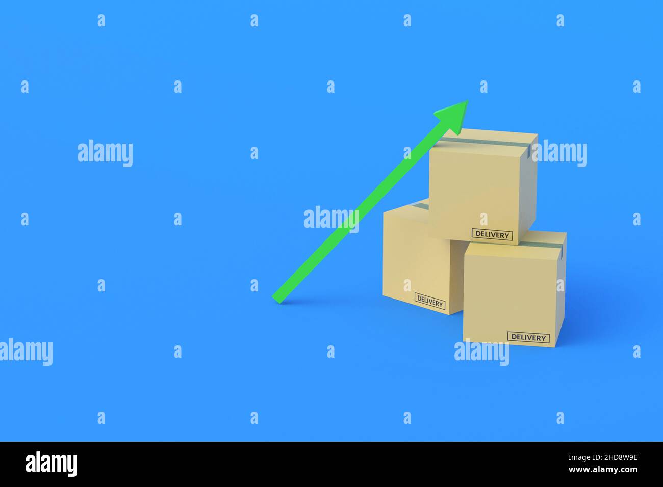Cardboard boxes near green up arrow. Rise costs. Increase investment in