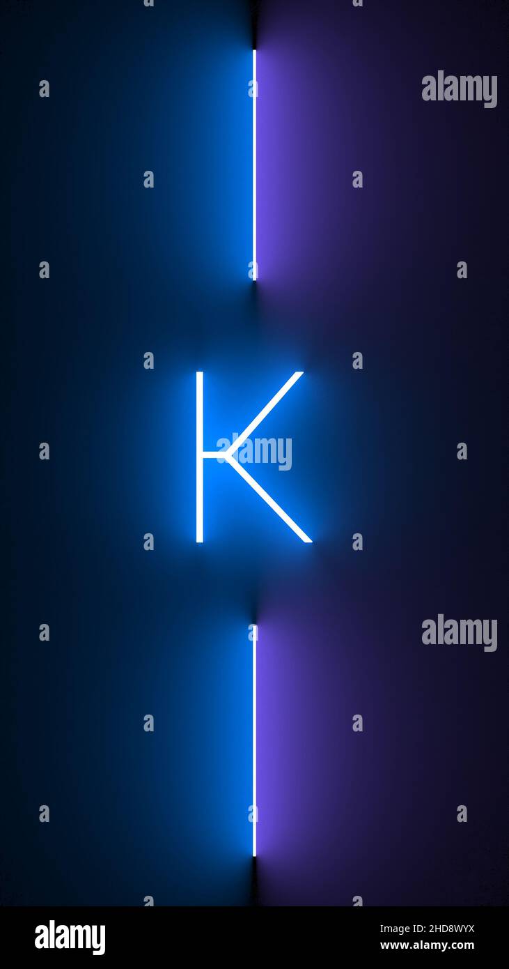An illustration of a neon letter K isolated on black background Stock
