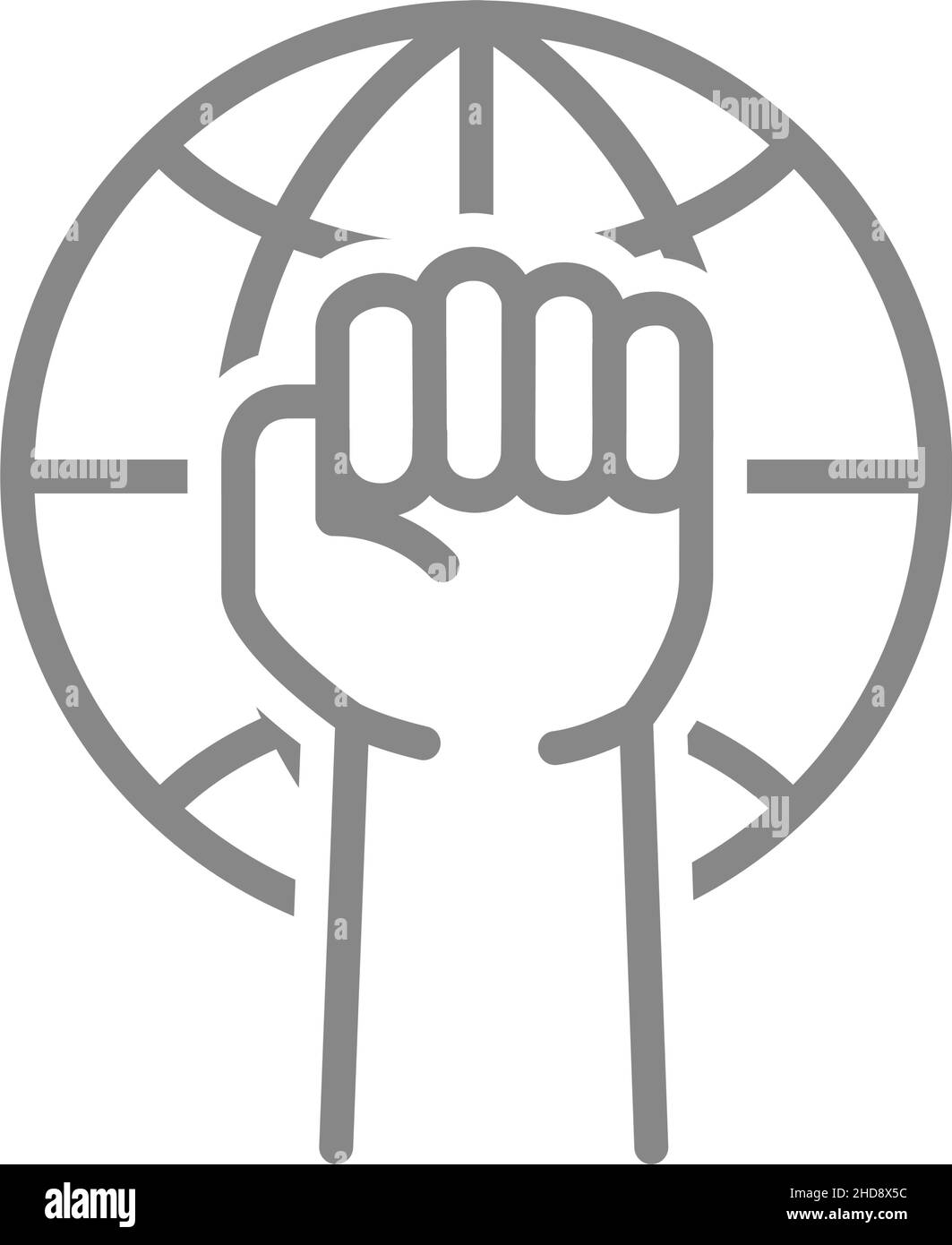 Fist with planet line icon. Hand up, revolution symbol Stock Vector