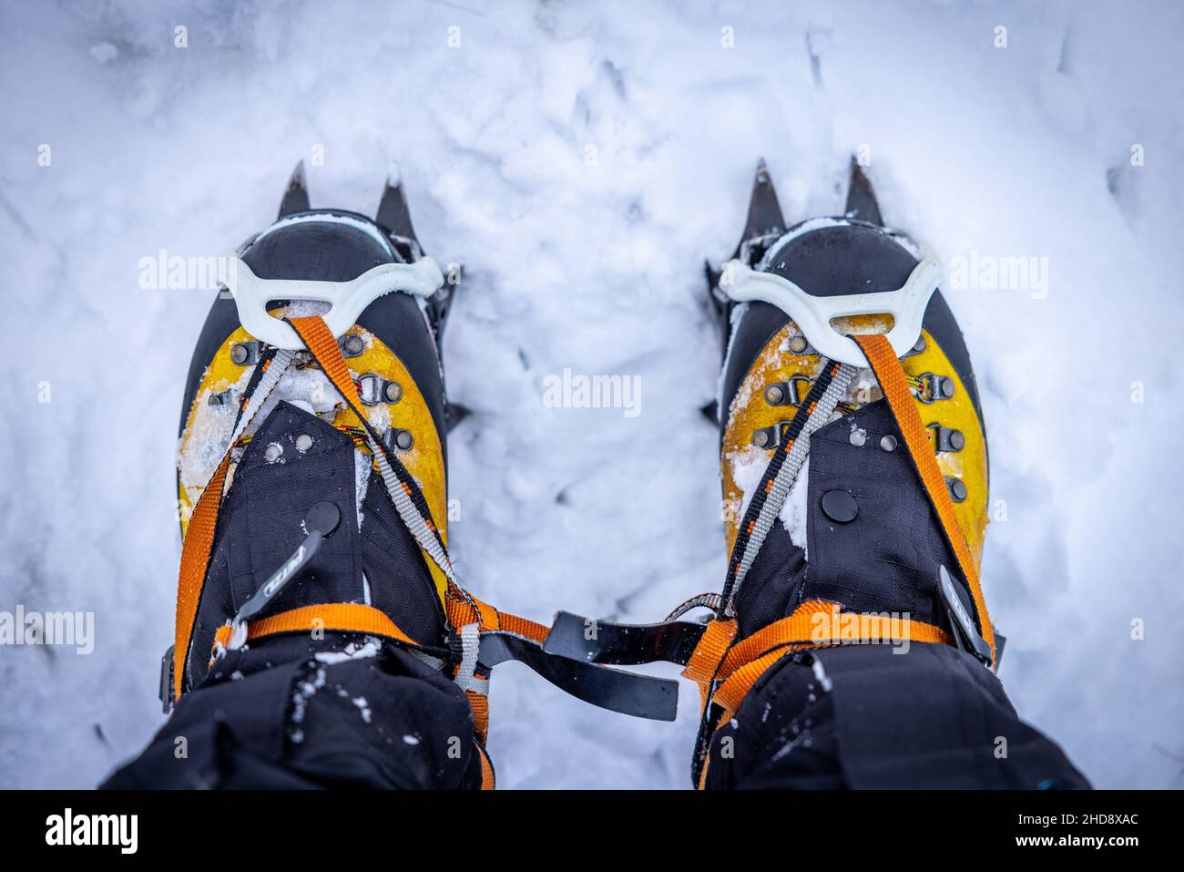 Winter hiking boots with crampons Stock Photo Alamy