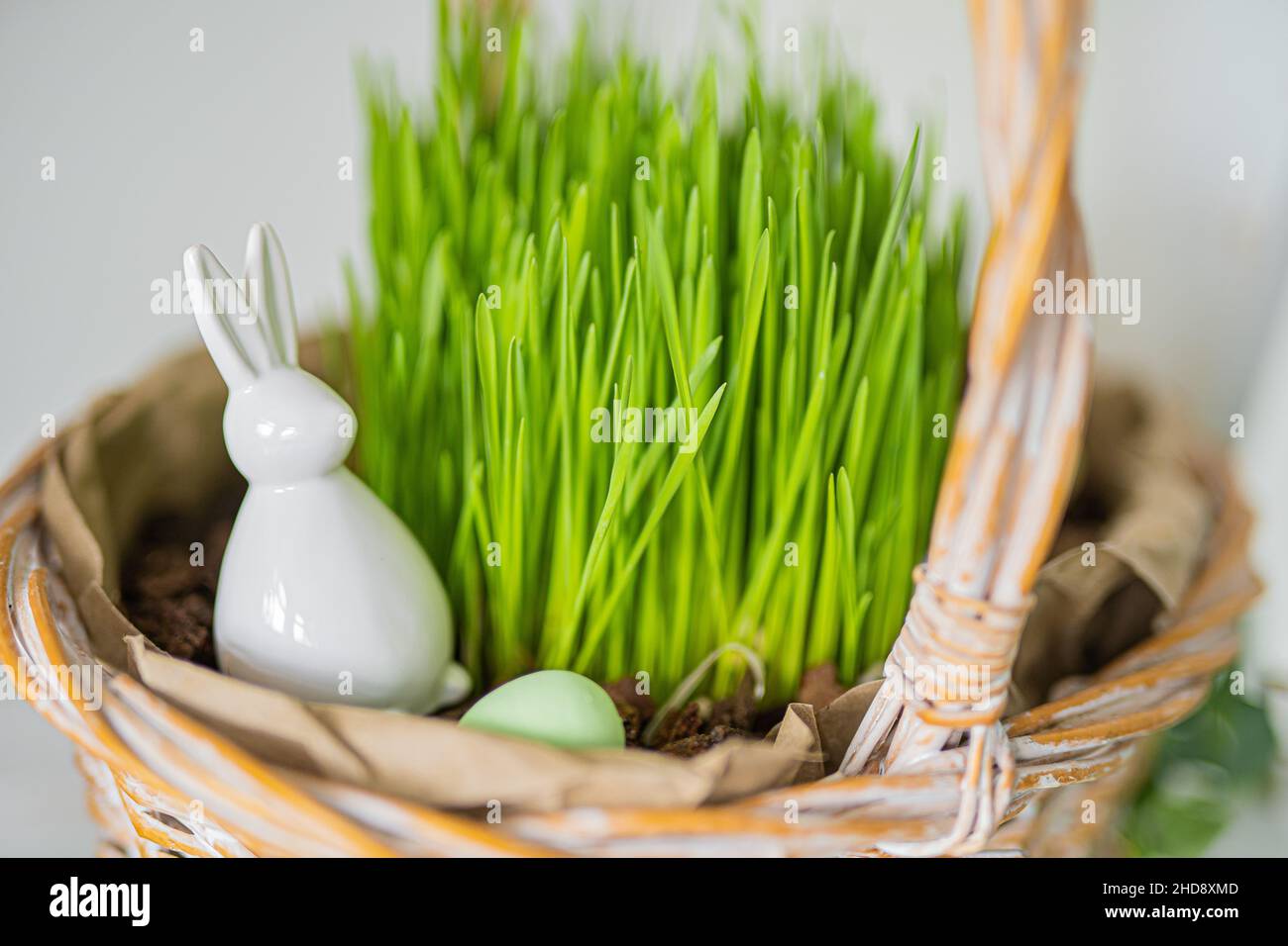 Easter composition. Basket with grass, dyed egg and Easter bunny. Happy Easter  Stock Photo
