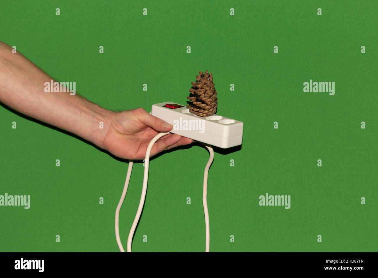 Vaduz, Liechtenstein, December 23, 2021 Trying to screw a pine cone into a power socket Stock Photo