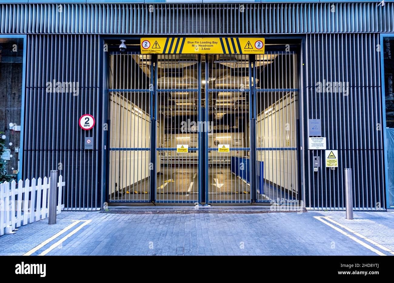London England UK January 02 2022, Locked Steel Metal Security Gate At Blue Fin Building Southwark Stock Photo