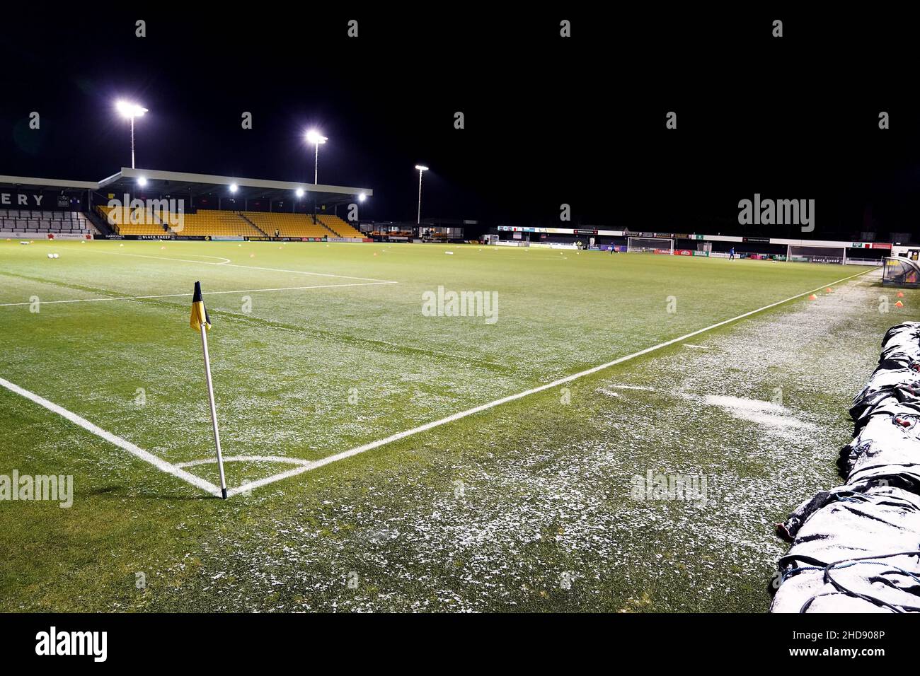 A general view of ice on the pitch ahead of the Papa John's Trophy round of sixteen match at the EnviroVent Stadium, Harrogate. Picture date: Tuesday January 4, 2022. Stock Photo