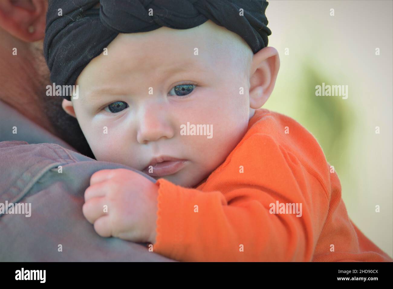 A year old toddler with black head band and orange Halloween shirt with his dad buying pumpkins Stock Photo