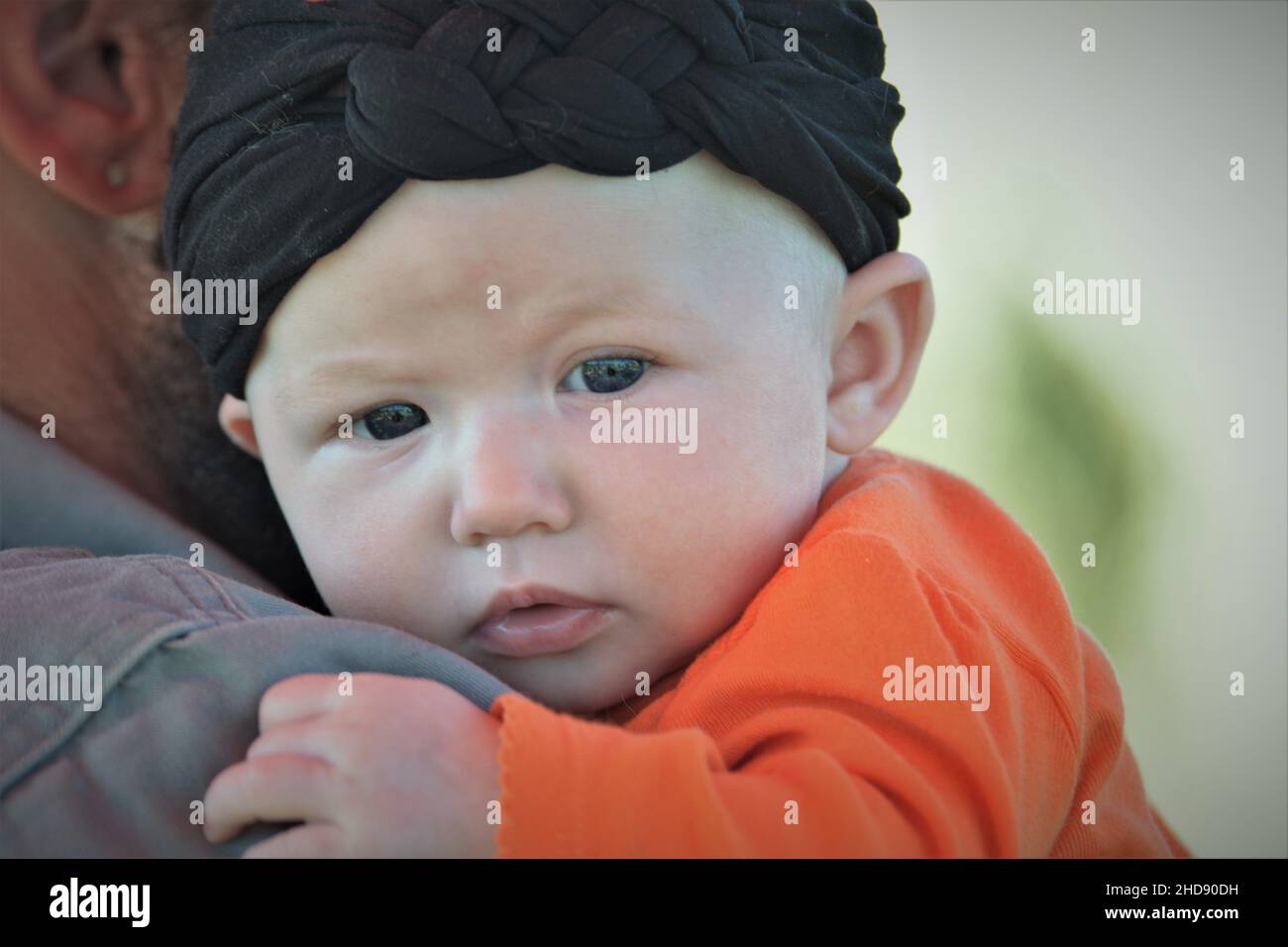 A year old toddler with black head band and orange Halloween shirt with his dad buying pumpkins Stock Photo