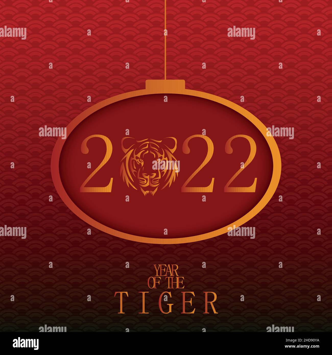 Chinese New Year 2022. Greeting card representing the year of the tiger. Red and gold horizontal background with Chinese elements Stock Vector