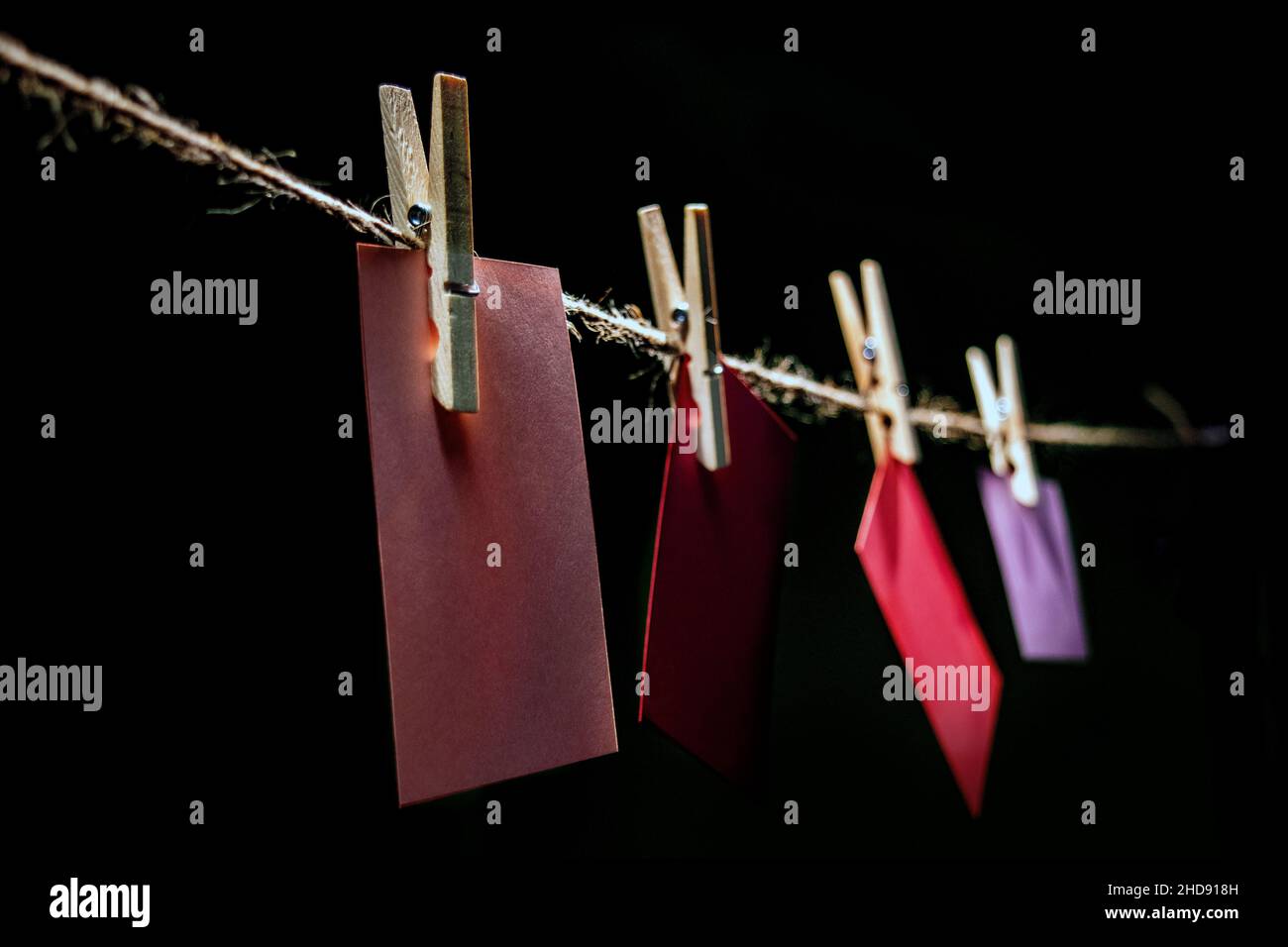 A jute twine string clothes line with multicolor blank notes Stock