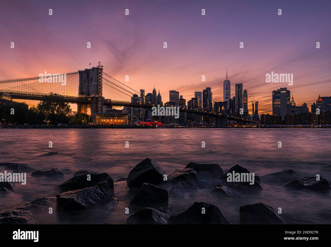 Low angle shot of New York City during the beautiful sunset Stock Photo