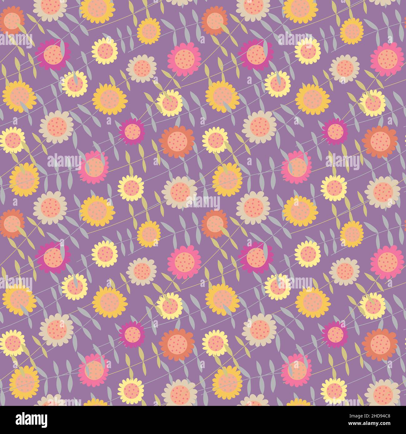 Floral pattern with pink and yellow flowers on purple background. Seamless Ditsy print. Stock Vector