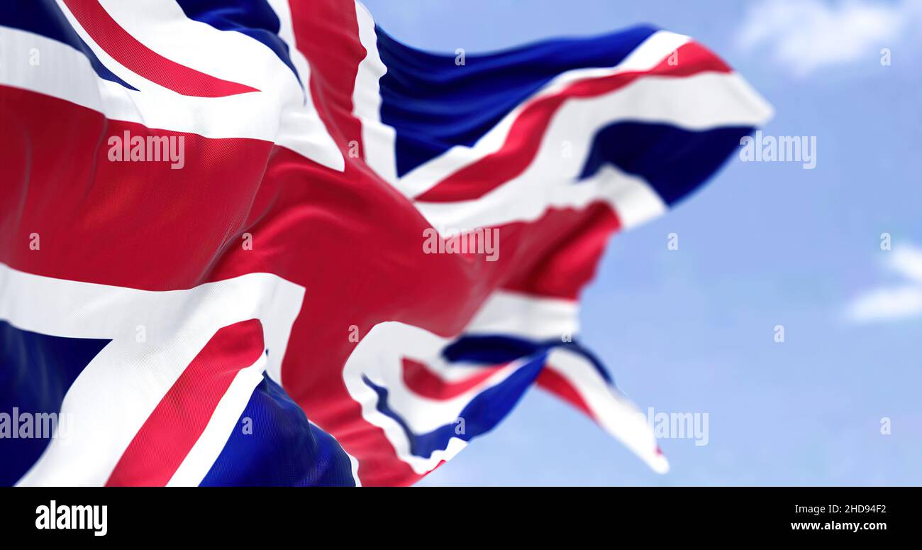 Uk Three Flags Three national flag of the United Kingdom flying in the wind on a ...