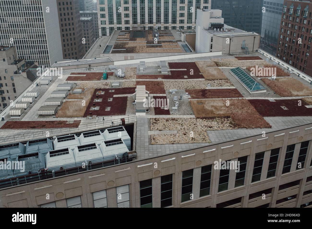 Aerial View of Environmentally Green Rooftop Space in Downtown Chicago During Winter Fog Stock Photo