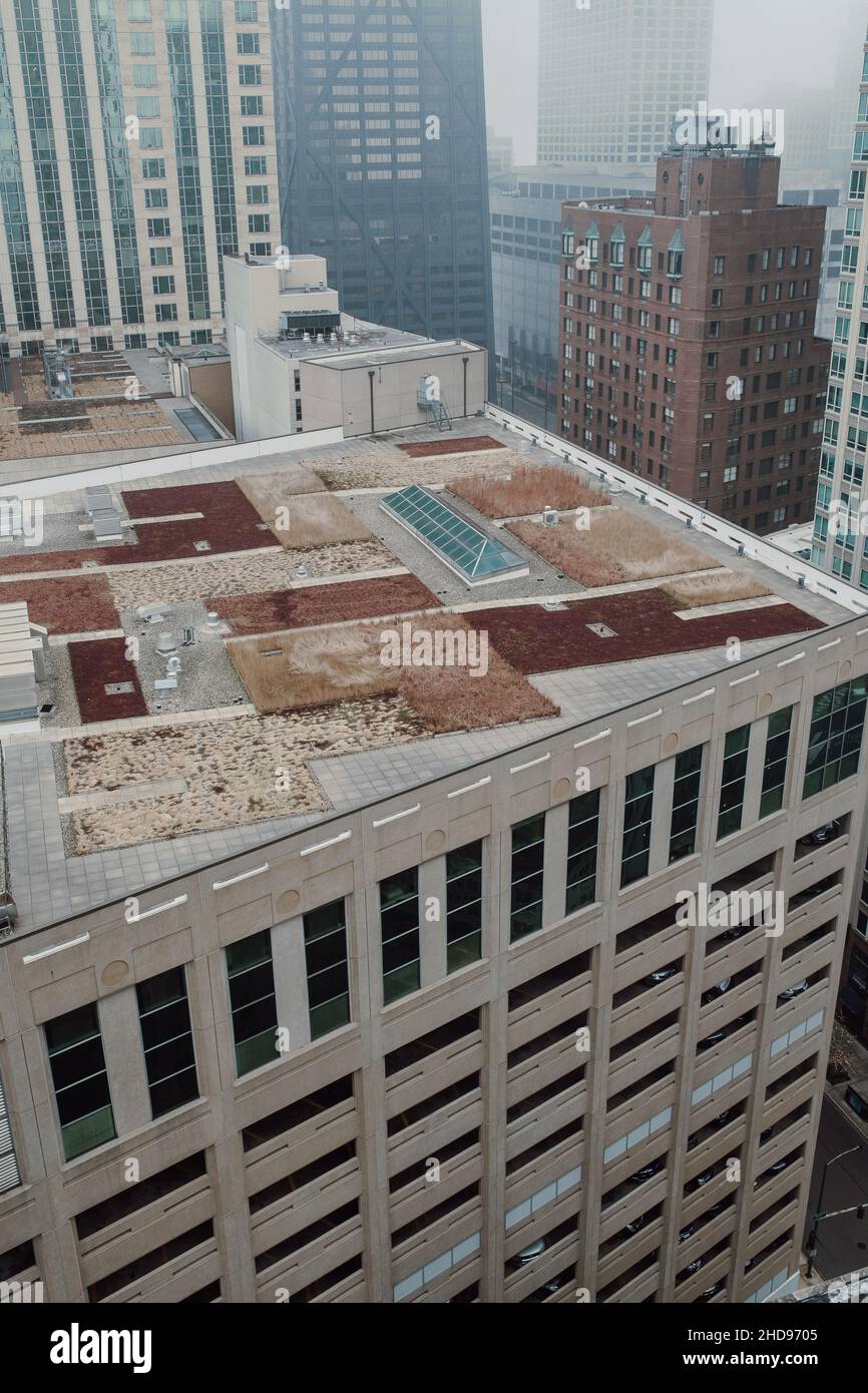 Aerial View of Environmentally Green Rooftop Space in Downtown Chicago During Winter Fog Stock Photo
