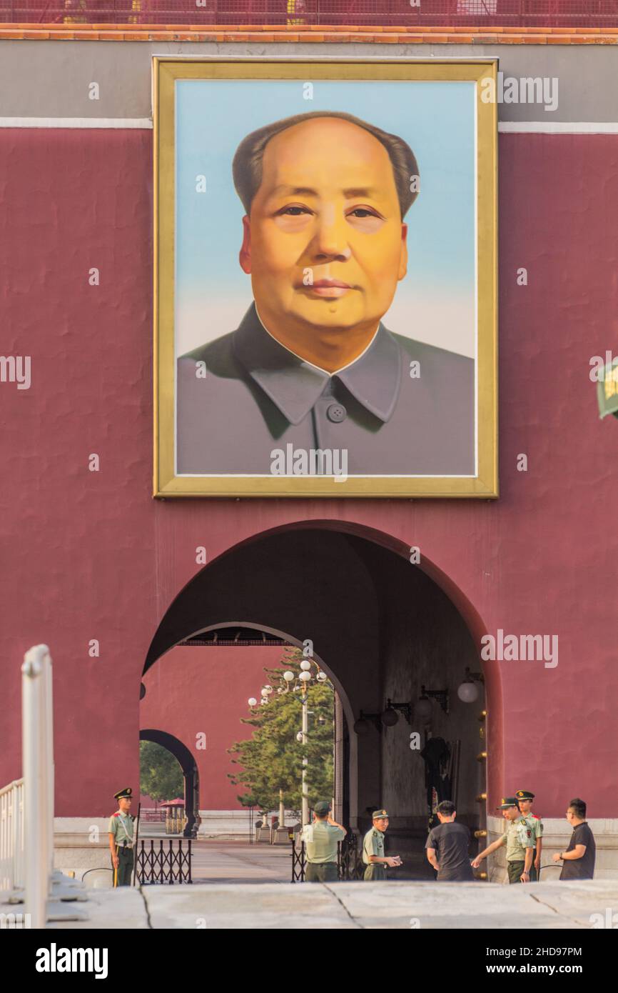 BEIJING, CHINA - AUGUST 28, 2018: Mao Zedong portrait at Tiananmen square in Beijing, China Stock Photo