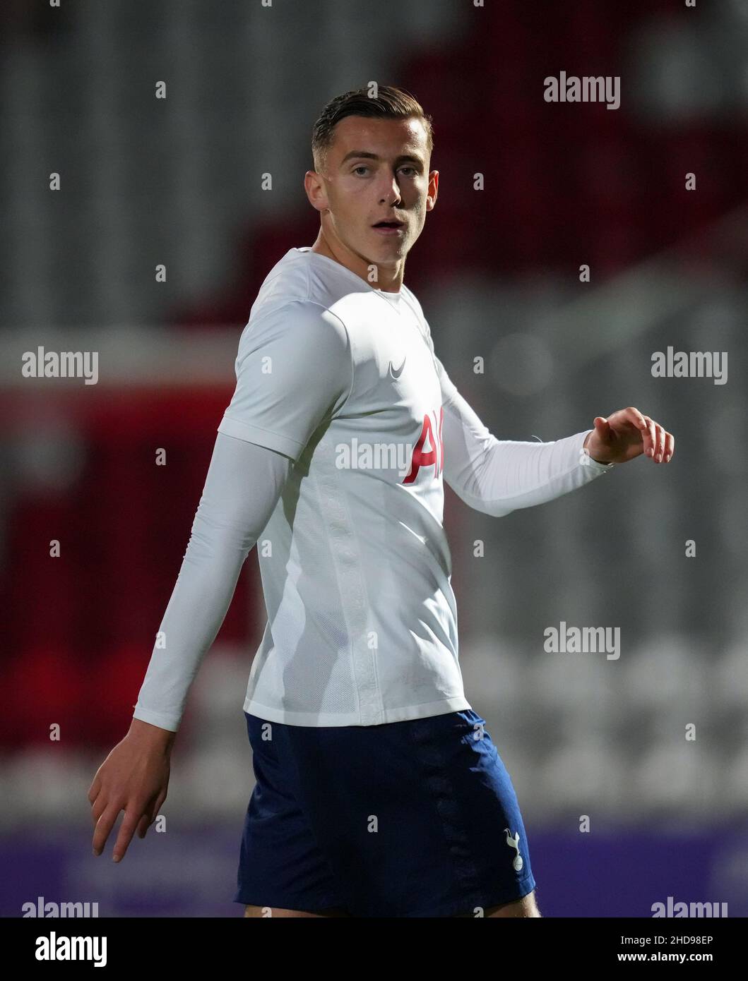 Stevenage, UK. 16th Dec, 2021. Alfie Dorrington of Spurs U18 during the FA Youth Cup third round match between Tottenham Hotspur U18 and Ipswich Town U18 at the Lamex Stadium, Stevenage, England on 16 December 2021. Photo by Andy Rowland. Credit: PRiME Media Images/Alamy Live News Stock Photo
