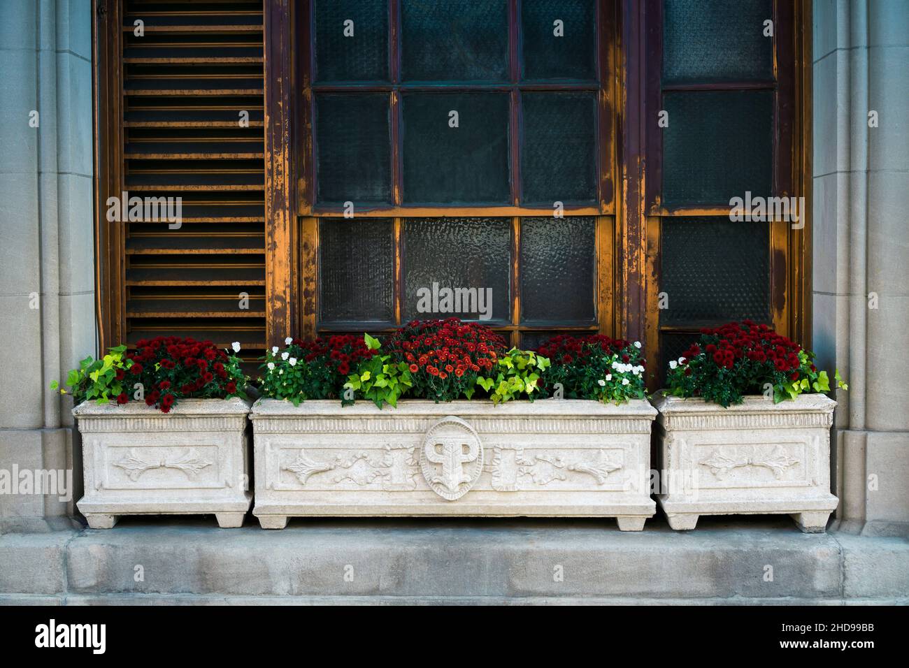 Big planters with various plants set against brick wall with windows